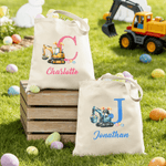 Personalised Cute Excavator Bunny Ears Easter Egg Canvas Tote Bag with Name Daily Use Easter Egg Hunt Gift for Boys Girls