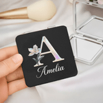 Personalized Pearl Effect Birth Flower Double-Sided 1X 2X Makeup Pocket Mirror with Name and Initial Anniversary Birthday Gift for Women