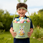 Cesta de Pascua de tela escocesa de conejo con corona personalizada con 3-7 nombres y volantes Huevos Fiesta de caza Regalo de Pascua para niños