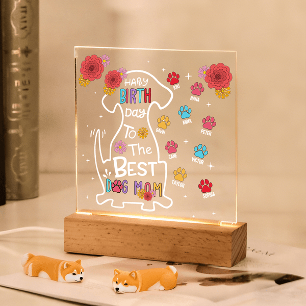 Veilleuse LED en acrylique personnalisée 1-10 pattes de chien avec nom et socle en bois Cadeau d'anniversaire et de fête des mères pour propriétaire de chien