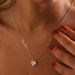 Personalised Heart Birthstone Pendant Necklace with Name Dainty Jewellery Birthday Anniversary Gift for Women Girls