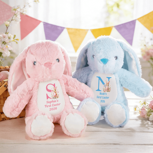 Personalized Flower Peter Rabbit Cute Bunny Plush Stuffed Animal Toy with Name and Initial First Easter Holiday Gift for Kids