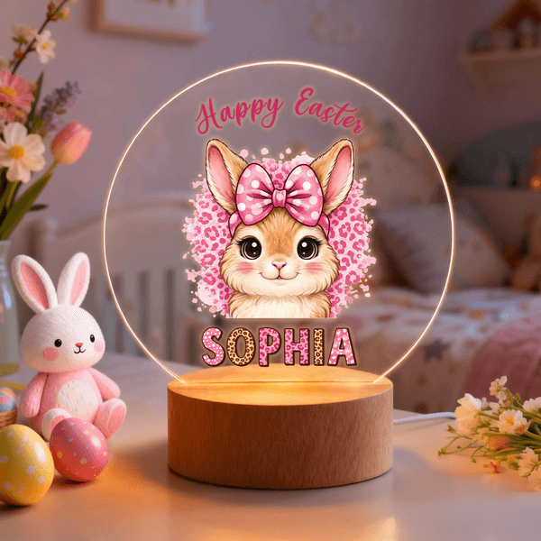 Gepersonaliseerd luipaardprint cartoon konijn LED acryl nachtlampje met naam Pasen geschenk voor baby's kinderen pasgeborene