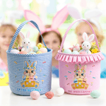 Cesta de Pascua de tela escocesa de conejo con corona personalizada con 3-7 nombres y volantes Huevos Fiesta de caza Regalo de Pascua para niños