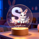 Lindo Conejo Nube Personalizado Siete Colores Inicial LED Luz de Noche con Nombre y Base de Madera Decoración de Habitación Cumpleaños Pascua Fiesta Favorito Regalo para Niños