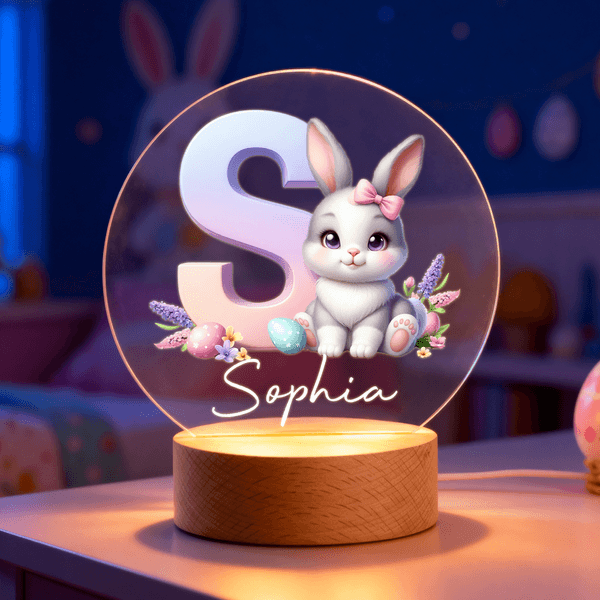 Henkilökohtainen söpö pilvi kani Seitsemän väriä Initial LED-yövalo nimellä ja puinen pohja huoneen sisustus syntymäpäivä pääsiäinen puolue suosikki lahja lapsille
