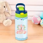 Gepersonaliseerde Schattige Konijn Paaseieren Bloem 12 oz Geïsoleerde Waterfles met Rietje en Morsvrij Deksel Paasdag Cadeau voor Kinderen