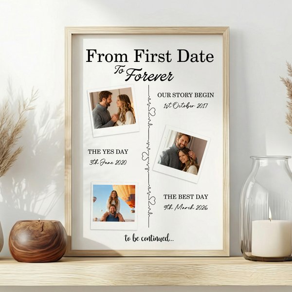 Personalized Love Electrocardiogram 3 Photos Frame Painting with Text and Date Home Decor Valentine's Day Gift for Couple Wife Husband
