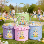 Cesta de Pascua de tela escocesa de conejo con corona personalizada con 3-7 nombres y volantes Huevos Fiesta de caza Regalo de Pascua para niños