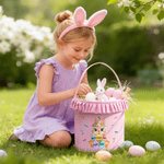 Cesta de Pascua de tela escocesa de conejo con corona personalizada con 3-7 nombres y volantes Huevos Fiesta de caza Regalo de Pascua para niños