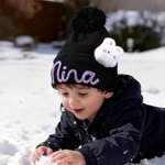 Personalised Soft Pom Pom Beanie with Embroidered Name and Animal Accessory Winter Daily Wear Baby Shower Gift for Baby Toddler