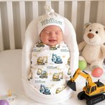 Personalised Excavator Easter Egg Soft Baby Swaddle Blanket Outfit with Name Easter Baby Shower Gift for Newborns New Parents