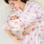 Personalized Cute Pink Bow Soft Swaddle Hat Women's Bathrobe Set with Name Baby Shower Birthday Gift for Newborns New Moms
