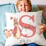 Personalised Multicolor Peter Rabbit Bunny Cushion Cover with Name Nursery Decor Baby Shower Birthday Gift for Baby Kid