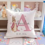 Personalised Multicolor Peter Rabbit Bunny Cushion Cover with Name Nursery Decor Baby Shower Birthday Gift for Baby Kid