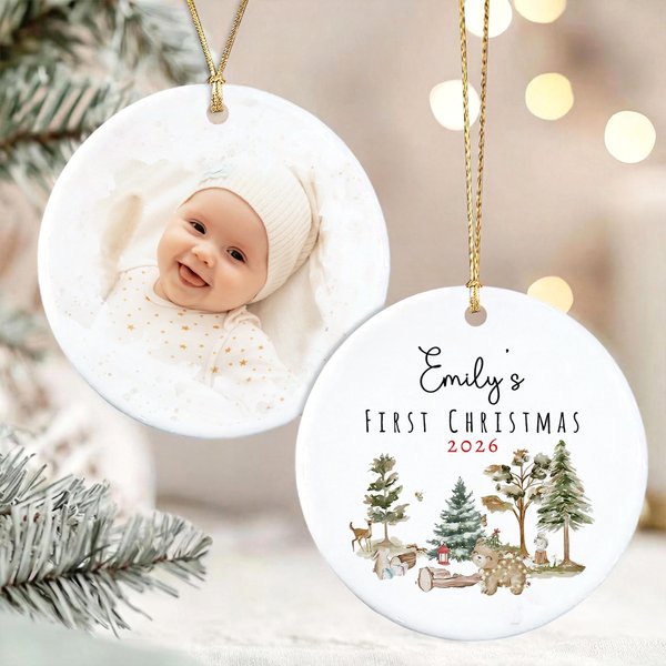 Personalized First Christmas Forest Animal Baby Photo Ceramic Ornament with Name and Year Home Decor First Christmas Gift for Newborns