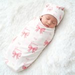 Personalized Cute Pink Bow Soft Swaddle Hat Women's Bathrobe Set with Name Baby Shower Birthday Gift for Newborns New Moms