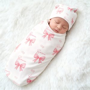 Personalized Cute Pink Bow Soft Swaddle Hat Women's Bathrobe Set with Name Baby Shower Birthday Gift for Newborns New Moms