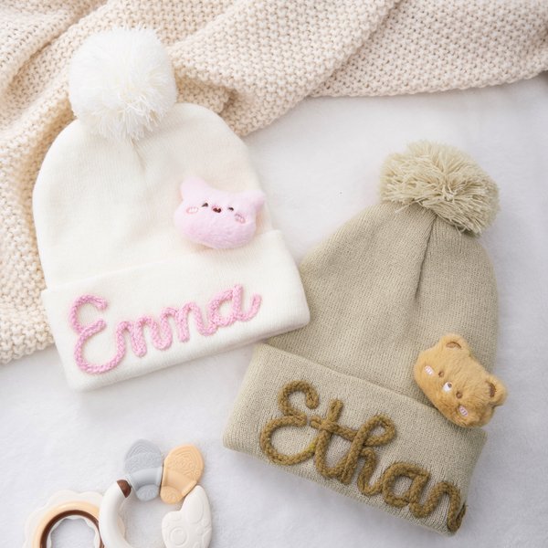 Personalised Soft Pom Pom Beanie with Embroidered Name and Animal Accessory Winter Daily Wear Baby Shower Gift for Baby Toddler