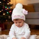 Personalised Soft Pom Pom Beanie with Embroidered Name and Animal Accessory Winter Daily Wear Baby Shower Gift for Baby Toddler