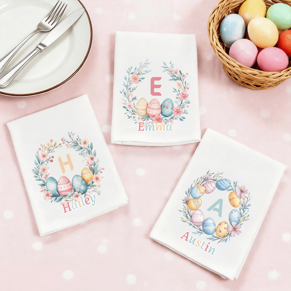 Personalized Watercolor Wreath Floral Easter Eggs Initial 100% Cotton Napkin with Colorful Name Table Decoration Easter Gift for Kids Family