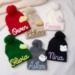 Personalised Soft Pom Pom Beanie with Embroidered Name and Animal Accessory Winter Daily Wear Baby Shower Gift for Baby Toddler
