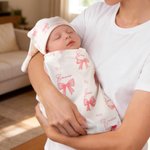 Personalized Cute Pink Bow Soft Swaddle Hat Women's Bathrobe Set with Name Baby Shower Birthday Gift for Newborns New Moms