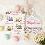 Personalised Excavator Easter Egg Soft Baby Swaddle Blanket Outfit with Name Easter Baby Shower Gift for Newborns New Parents