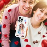 Personlig Romantisk tegneserie par telefonveske for iPhone med navn Valentinsdag Jubileumsgave til kjærester Kjærester