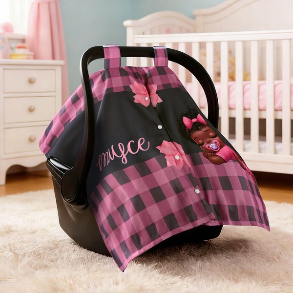 Canopy de siège auto pour bébé à carreaux avec nom et protection de la vie privée Accessoire d'extérieur personnalisé Cadeau d'anniversaire pour les nouveau-nés et les bébés