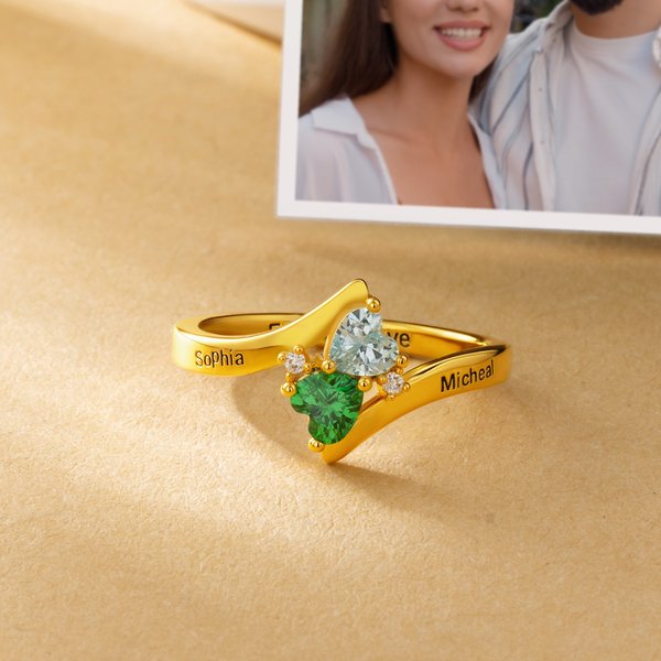 Personalisierte Double Heart Birthstones Sterling Silber Ring mit Namen Dainty Schmuck Valentinstag Jahrestag Geschenk für Paare Schwester