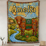 Personlig bohemisk stil Highland Cow Tassel mjuk pläd filt med namn daglig användning födelsedag årsdag gåva för kvinnor flickor