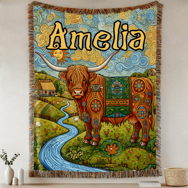 Personalizado estilo bohemio Highland vaca borla suave manta con nombre uso diario cumpleaños aniversario regalo para mujeres niñas
