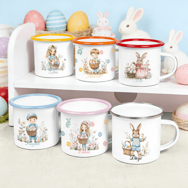 Personalizada Curación Arte Caricatura Ilustración Niño Niña Conejito 12 oz Esmalte Taza con Nombre Uso Diario Pascua Fiesta Regalo para Niños