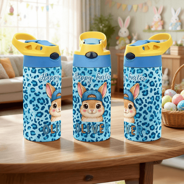 Conejito de Pascua personalizado con estampado de leopardo Botella de agua isotérmica de 12 oz con pajita y tapa antiderrame Regalo del Día de Pascua para niños