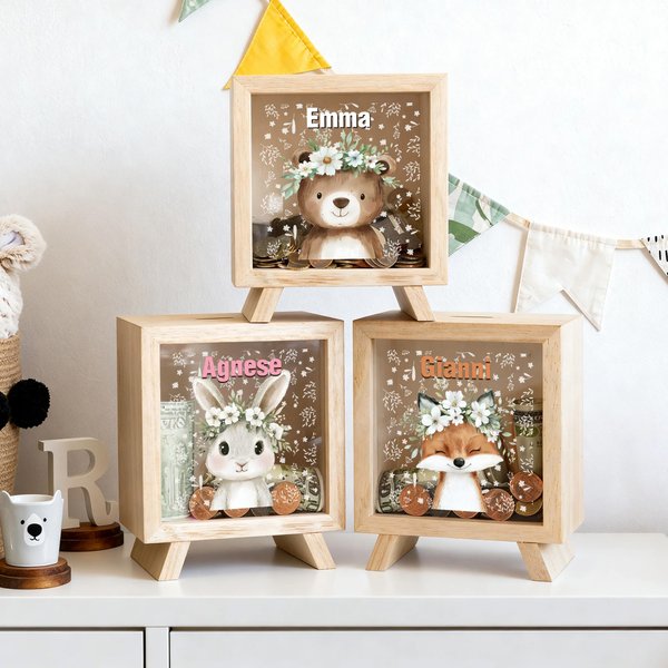 Salvadanaio in legno personalizzato con nome e animali carini in stile cartone animato - Regalo di compleanno per bambini