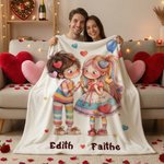 Personalized Love Heart Couple Cartoon Characters Soft Throw Blanket with Names Home Decor Valentine's Day Gift for Couple