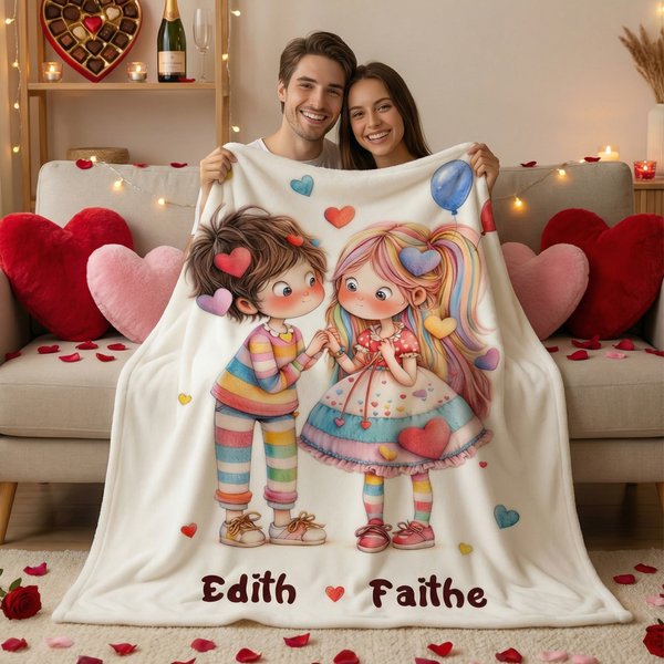 Personalized Love Heart Couple Cartoon Characters Soft Throw Blanket with Names Home Decor Valentine's Day Gift for Couple