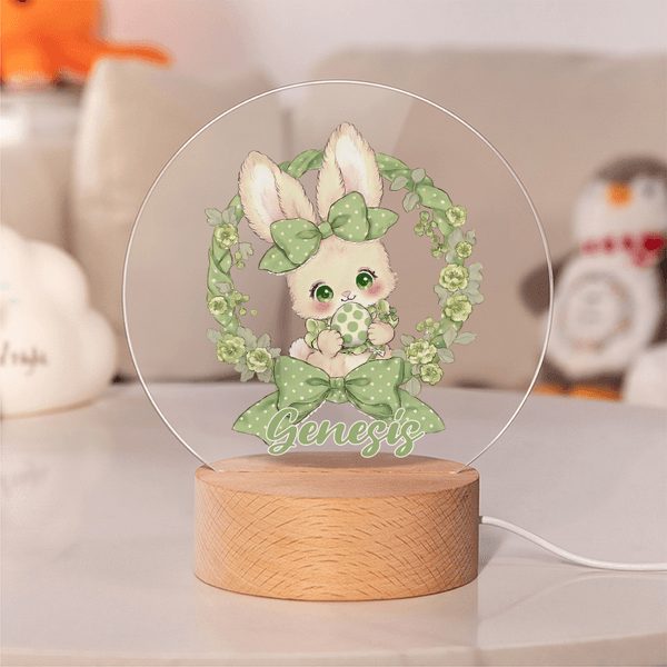 Personlig flerfärgad krans Polka Dot Bow Bunny Easter Egg LED-nattlampa med namn och träbas Påskpresent till barn