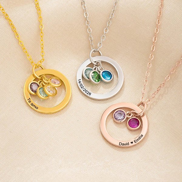 Collar personalizado en forma de anillo con 1 a 6 piedras de nacimiento y texto grabado regalo de cumpleaños o Día de la Madre para mujer