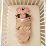 Personalised Cute Moose Animal Hooded Embroidered Soft Throw Blanket with with Name Daily Use Birthday Baby Shower Gift for New Moms Babies