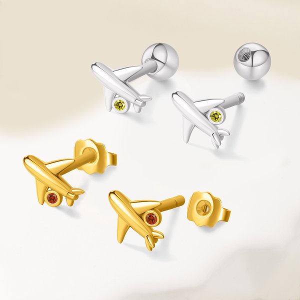 Personalised Extra Tiny Birthstone Airplane Cartilage Stud Earrings Unisex Jewellery Birthday Anniversary Gift for Pilot Cabin Crew Travel Enthusiast