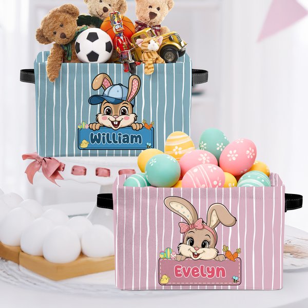 Panier de rangement personnalisé avec poignée Lapin de Pâques à rayures Cadeau d'anniversaire de Pâques pour enfants