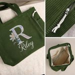 Sac en velours côtelé personnalisé avec fleur de naissance nom et initiale - Sac de grande capacité - Cadeau d'anniversaire pour elle