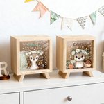 Salvadanaio in legno personalizzato con nome e animali carini in stile cartone animato - Regalo di compleanno per bambini
