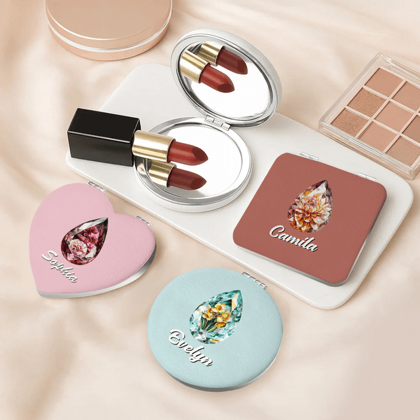 Personalisierte Birthstone Geburt Blume kompaktes Herz rundes Quadrat Make-up-Spiegel mit Namen tragbar Geburtstag Hochzeit Party Geschenk für Frauen