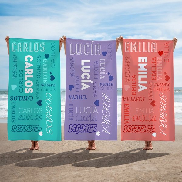 Toalla de playa personalizada con nube de palabras multicolores y nombre secado rápido regalo de verano en la piscina para la familia y amigos