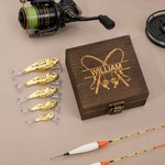 Personalized Portable Fishing Pattern Wood Storage Box Set with Lifelike Fish Hooks and Name Birthday Father's Day Gift for Dad Husband Fishing Lover