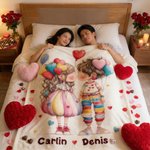 Personalized Love Heart Couple Cartoon Characters Soft Throw Blanket with Names Home Decor Valentine's Day Gift for Couple
