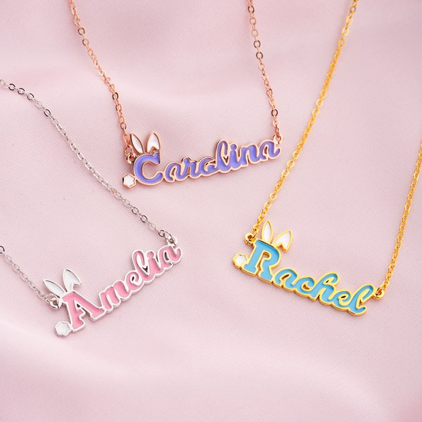 Personalised Cute Bunny Ears Initial Name Necklace Multicolour Jewellery Easter Birthday Anniversary Gift for Women Girls